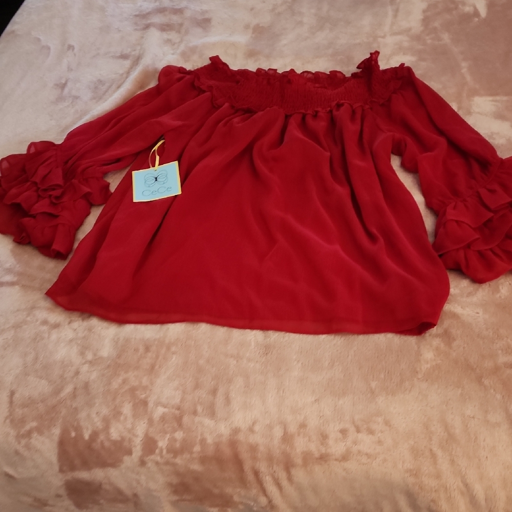 CeCe Red Ruffle Off-Shoulder Blouse